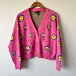 Forever 21 Pink Floral Smiley Cardigan M